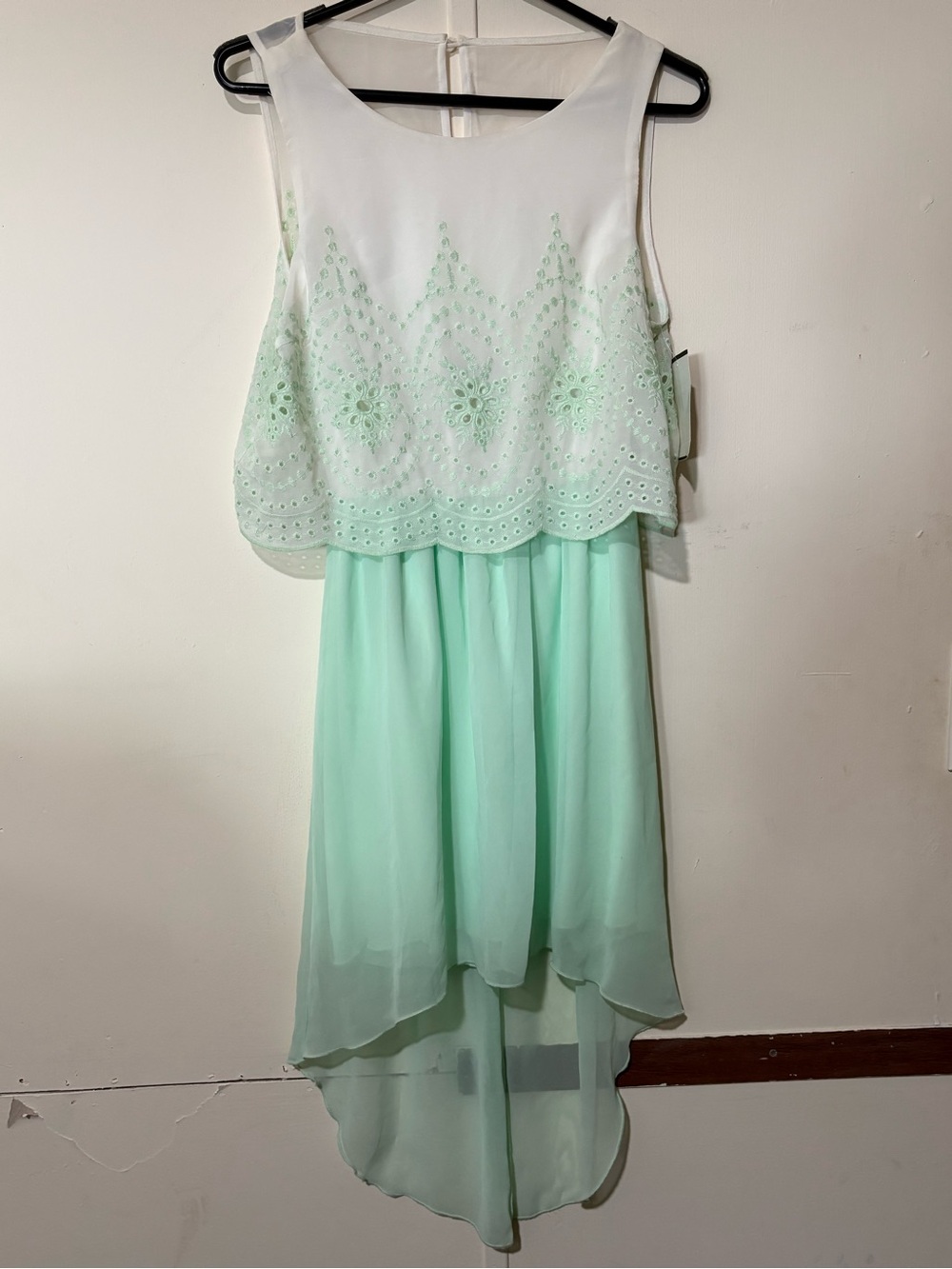 Mint Green High-Low Dress with White Eyelet Overlay